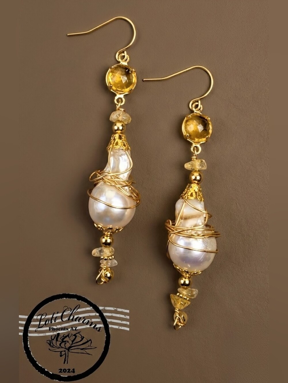 Genuine Yellow Citrine  In Long Gold Plated Earrings With Large Baroque Pearl